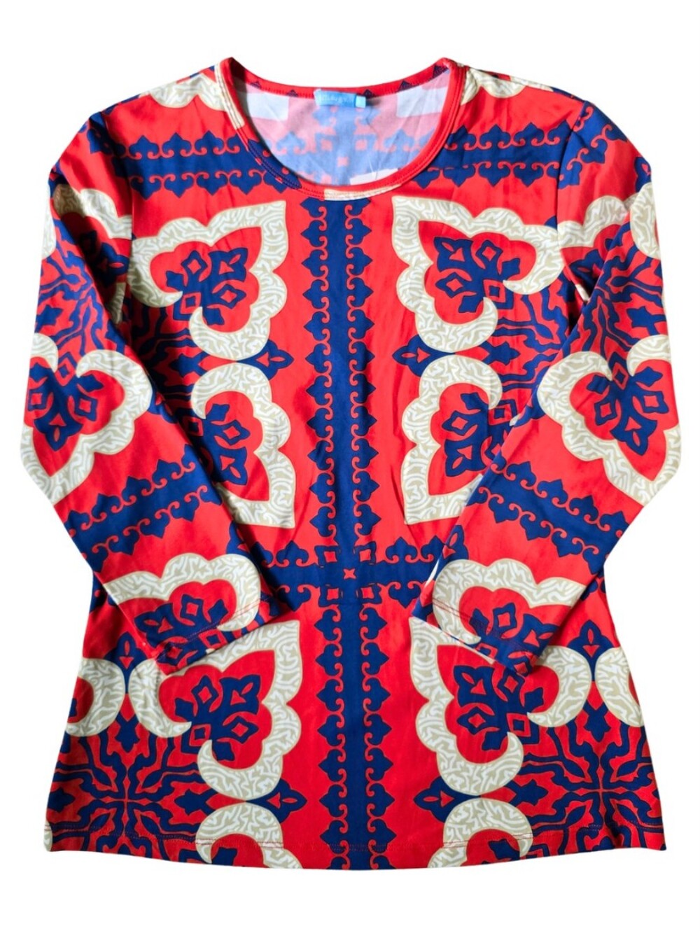 J. MCLAUGHLIN Red Navy Pinwheel Patch Catalina Cloth Top Shirt 3/4 Sleeve Small